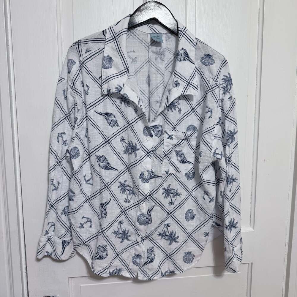 Shade & Shore Women's Nautical Shell Palm Tree Print Button Down Shirt Large